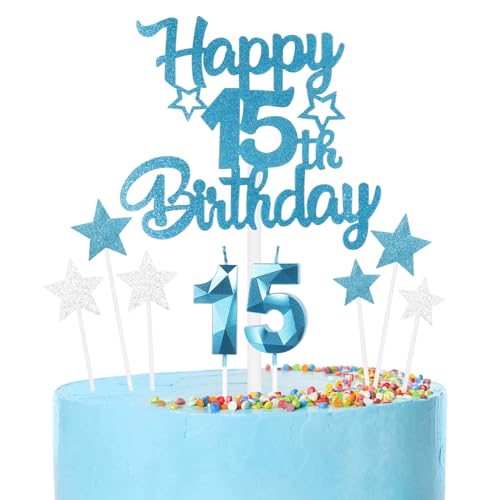 mciskin Happy 15th Birthday Kerzen Cake Toppers Set, Blau Zahl 15 Kerze für Geburtstagskuchen, Geburtstagskerzen Kuchendekorationen für Mädchen Jungen Geburtstagsdekorati, LZ-CP-TZ-LS-15 von mciskin