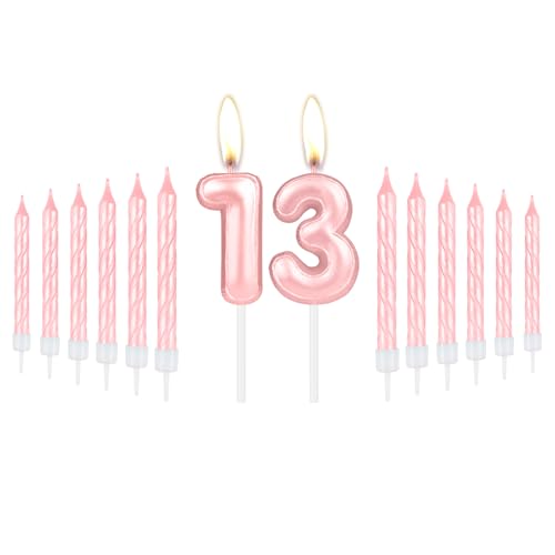 mciskin Mädchen 13 Geburtstag Kerzen Set, Rosa Spiralkerzen, Zahl 13 Kerzen Kuchen Cupcake Topper für Kuchen, Geburtstagskerzen für Frauen von mciskin