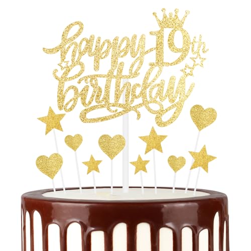 mciskin Tortenaufsätze "Happy 19th Birthday", goldene Kuchendekoration für Kuchen, glitzerndes Herz, Sterne, Kuchenaufsätze, Geburtstagsgeschenk, personalisierte Kuchendekorationen für Frauen und von mciskin