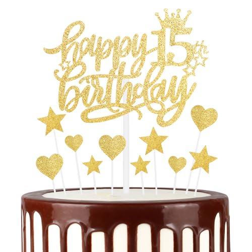 mciskin Tortenaufsätze zum 15. Geburtstag, goldene Kuchendekoration für Kuchen, glitzerndes Herz, Sterne, Kuchenaufsätze, Geburtstagsgeschenk, personalisierte Kuchendekor von mciskin