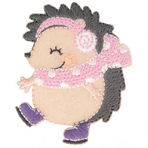 3 x Igel Aufnäher Aufbügler Patch mit rosa Schal und Eisgleitern 5,5 cm x 4 cm von mdc