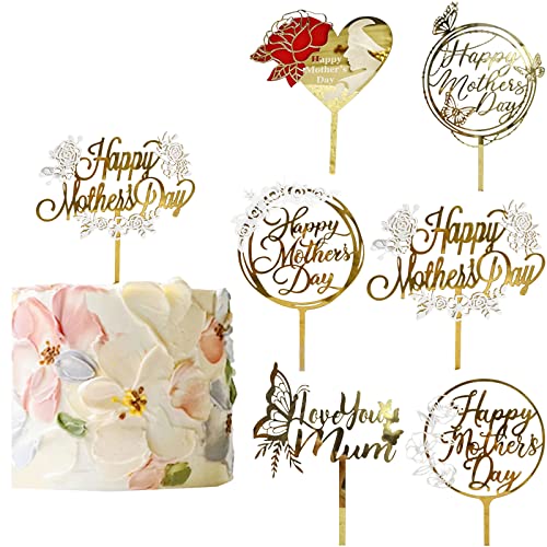 6 Stück Happy Mother's Day Kuchendekoration Party Gold Glitzer Cupcake Picks Dekorative Party Kuchen Mama Brief Kuchen Topper Zubehör Dekoration für Muttertag Mutter Geburtstag Dekorationen (Weißgold) von mdgfge