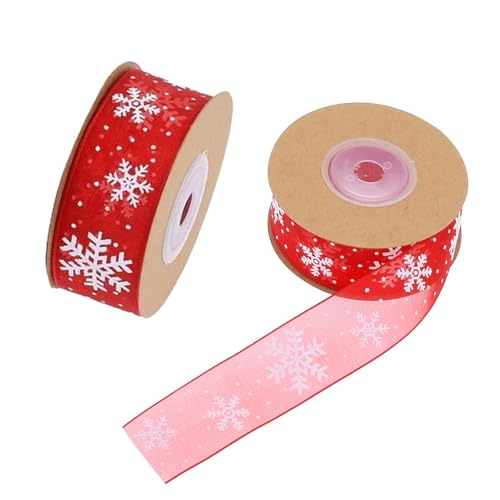 mdgfge 2 Rollen Weihnachts-Schneeflocken-rote Bänder mit Drahtrand, Juteschleife, Ripsbänder für Weihnachten, Party, Winterurlaub, Kränze, DIY, Basteln, Verpackung, Girlande, Zubehör von mdgfge