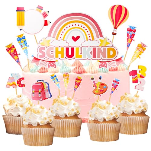 17 Stück Tortendeko Einschulung Schulkind Schulanfang Cupcake Topper Dekorationen ABC 123 Schultüte Cupcake Topper 2024 Junge Mädchen Geschenk von meetyours