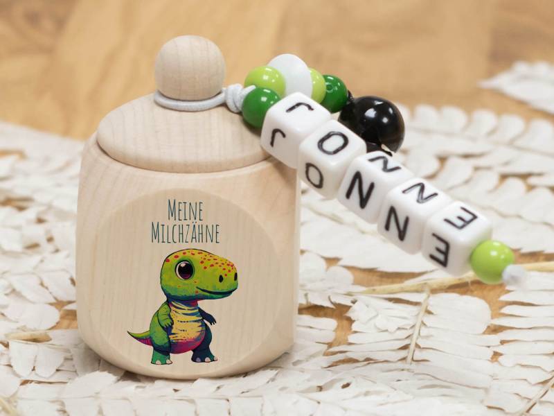 Zahndose Aus Holz Dino - Personalisiert Zur Aufbewahrung Der Milchzähne von meinkerzenshop