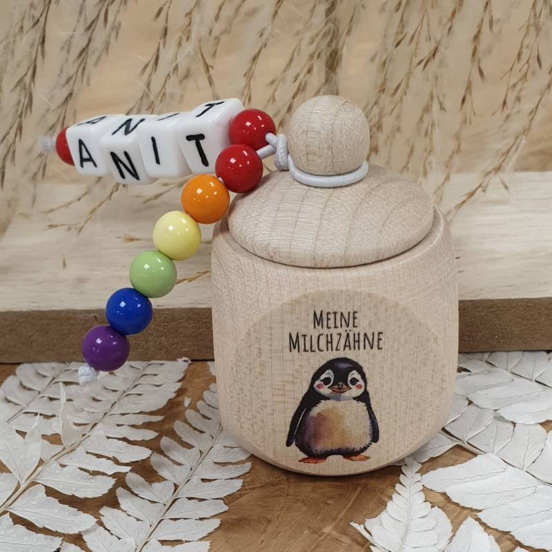 Zahndose Aus Holz Pinguin - Personalisiert Zur Aufbewahrung Der Milchzähne von meinkerzenshop