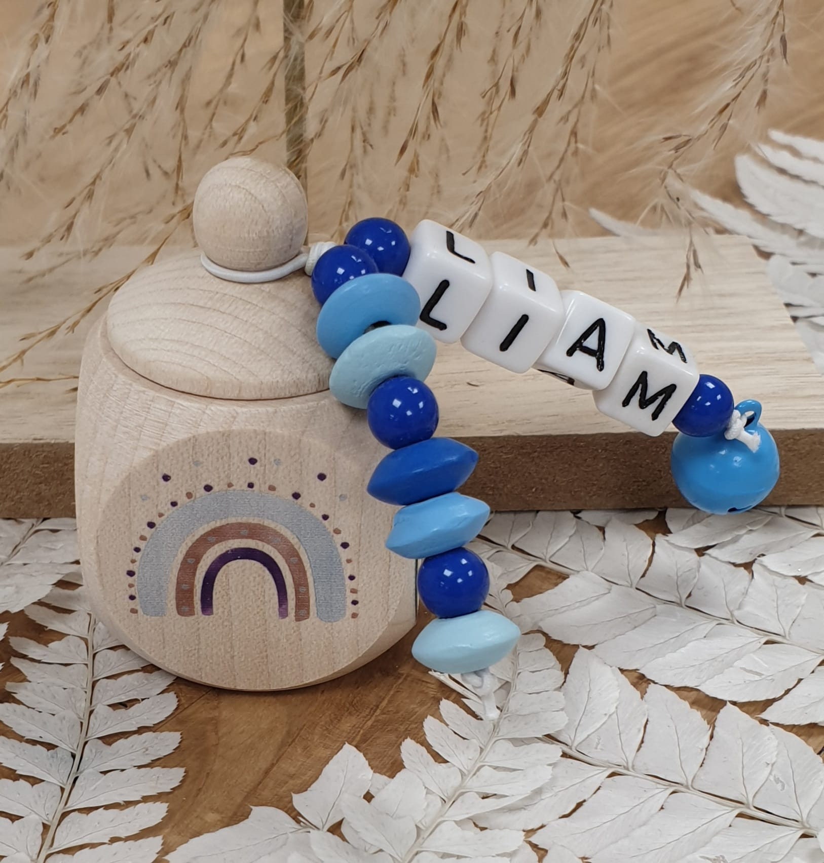 Zahndose Aus Holz Regenbogen Blau - Personalisiert Zur Aufbewahrung Der Milchzähne von meinkerzenshop