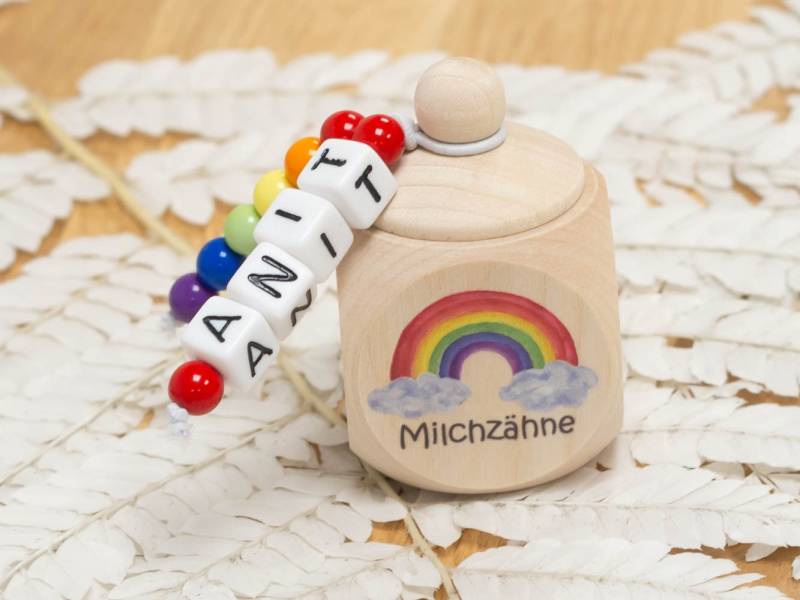 Zahndose Aus Holz Regenbogen - Personalisiert Zur Aufbewahrung Der Milchzähne von meinkerzenshop