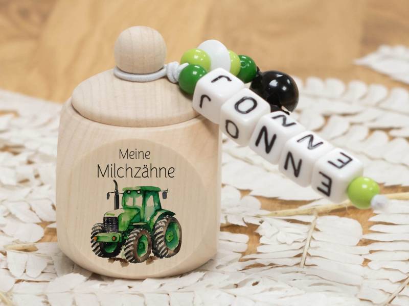 Zahndose Aus Holz Traktor - Personalisiert Zur Aufbewahrung Der Milchzähne von meinkerzenshop