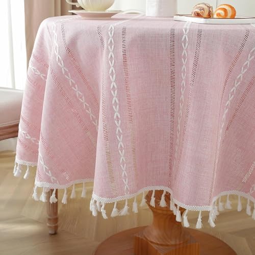 meioro Böhmische Tischdecke für Küche Dekoration, 100cm Makramee Tischtuch mit Quasten, Rechteckige Leinen Tischwäsche, Gestreifte Tafeldecke Mesh Tischdecken für Esstisch Tabletop Dekor (Rosa) von meioro