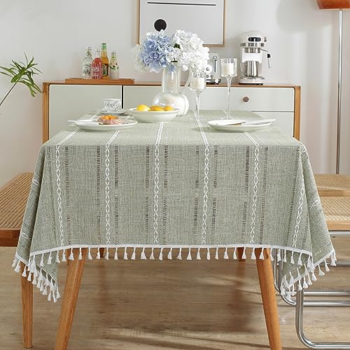 meioro Böhmische Tischdecke für Küche Dekoration, 140x140cm Makramee Tischtuch mit Quasten, Rechteckige Leinen Tischwäsche, Gestreifte Tafeldecke Mesh Tischdecken für Esstisch Tabletop(Olivgrün) von meioro