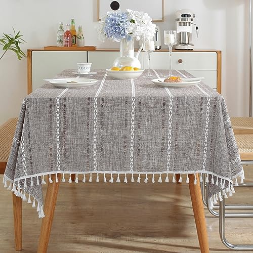 meioro Böhmische Tischdecke für Küche Dekoration, 140x180cm Makramee Tischtuch mit Quasten, Rechteckige Leinen Tischwäsche, Gestreifte Tafeldecke Mesh Tischdecken für Esstisch Tabletop(Braun) von meioro