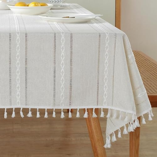 meioro Böhmische Tischdecke für Küche Dekoration, 140x220cm Makramee Tischtuch mit Quasten, Rechteckige Leinen Tischwäsche, Gestreifte Tafeldecke Mesh Tischdecken für Esstisch Tabletop(Elfenbein Weiß) von meioro