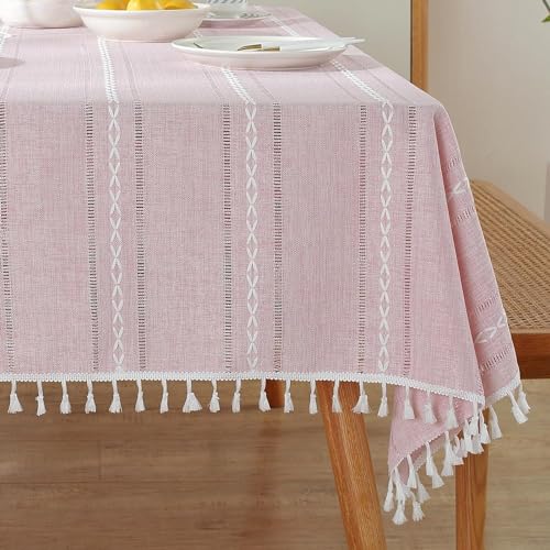 meioro Böhmische Tischdecke für Küche Dekoration, 140x220cm Makramee Tischtuch mit Quasten, Rechteckige Leinen Tischwäsche, Gestreifte Tafeldecke Mesh Tischdecken für Esstisch Tabletop Dekor (Rosa) von meioro