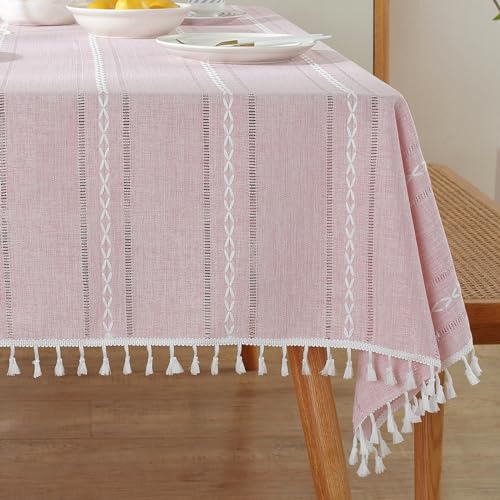 meioro Böhmische Tischdecke für Küche Dekoration, 140x300cm Makramee Tischtuch mit Quasten, Rechteckige Leinen Tischwäsche, Gestreifte Tafeldecke Mesh Tischdecken für Esstisch Tabletop Dekor (Rosa) von meioro