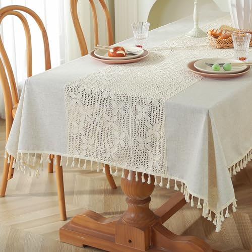 meioro Gehäkelte Tischdecke, 100x140cm Rechteckig Tischdecken, Spitze Boho Tischtuch Modern Beige Hochzeit Tischwäsche, Vintage Tassel Tafeldecke für Küche Essen Drinnen Urlaub Party Tischdeko von meioro