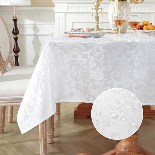 meioro Tischdecke Abwaschbar, Rechteckig Damast Tischdecken Wasserdicht Polyester Stoff Tischtuch, Große Küche abwischbar Tischwäsche mit Floral Mustern für Esszimmer Hochzeiten (Weiße,130x180cm) von meioro