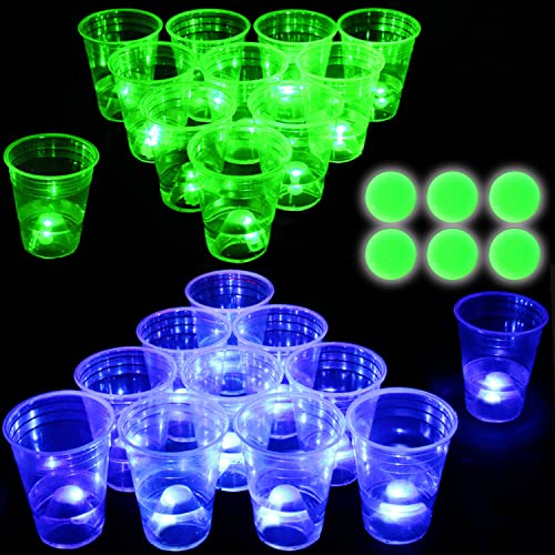 22 Stück leuchtende Partybecher für Partyspiele, Plastikbecher, Zubehör, Dekorationen mit Kugeln, drinnen, draußen, Neon, Party, Event, Geburtstag, Festivals, Hochzeit (Grün, Blau) von meishuneu