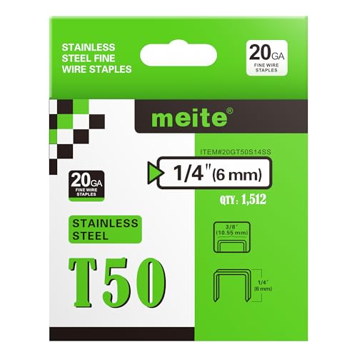 meite T50 Edelstahlklammern, 1/4 Zoll, robuste Heftklammern aus 304 Edelstahl für Heftpistole, T50 Heftpistolen, 20 Gauge, 3/8 Zoll (1,512 Stück) von meite