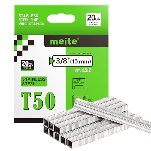 meite T50 Edelstahlklammern, 3/8 Zoll, robuste Heftklammern aus 304 Edelstahl, für Tacker T50, Heftpistolen, 20 Gauge, 3/8 Zoll (1,512 Stück) von meite