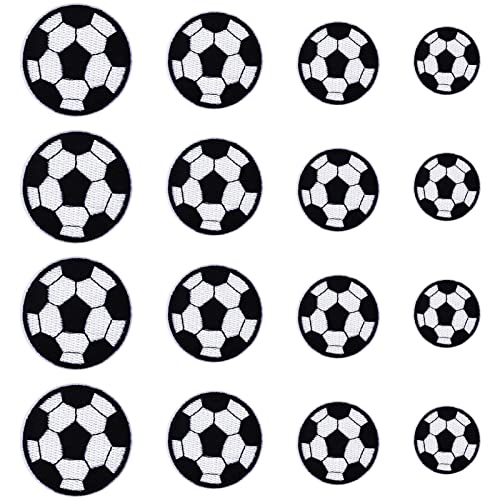 melebellot 16 Stück Fußball Patch,Cartoon Stickerei Patches/Aufnäher mit Fußballmotiv,1.57in/1.97in/2.48in/2.87in Fußball Aufbügeln Stickerei Patch,für Kleidung Jeans Jacken Kinder Baby(Schwarz+Weiß) von melebellot