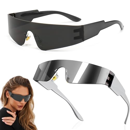 2 Stück Futuristische Sonnenbrille Rahmenlos Space Brille Alien Brille Set Fun Schnelle Brille Rave Brille Partybrille Techno für Party Herren Damen Rollenspiel Halloween Cosplay Faschingsparty von mellystore