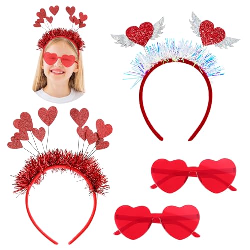 Herz Haarreif Rot 2pcs Liebe Herz Haarreifen mit 2pcs Retro Randlose Herzform Brille Partybrille, Blink Haarreif Herzen Pailletten Herz Stirnband Amor Kostüm Damen für Kinder Erwachsene Valentinstag von mellystore