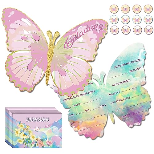 mellystore Einladungskarten Schmetterling 12 Stück Einladungskarten Kindergeburtstag Mädchen mit Umschlägen und Aufkleber Geburtstagseinladungen Mädchen Schmetterling Partyeinladungen (13 x 10cm) von mellystore