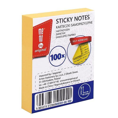 MEMOBE Haftnotizen Klebezettel – Sticky Notes – Haftnotizen Set – Selbstklebende Notizzettel – Postit Haftnotizen – Reusable Sticky Notes – Pastel Sticky Notes – 40x50mm 100 Karten - Gelb von MEMOBE