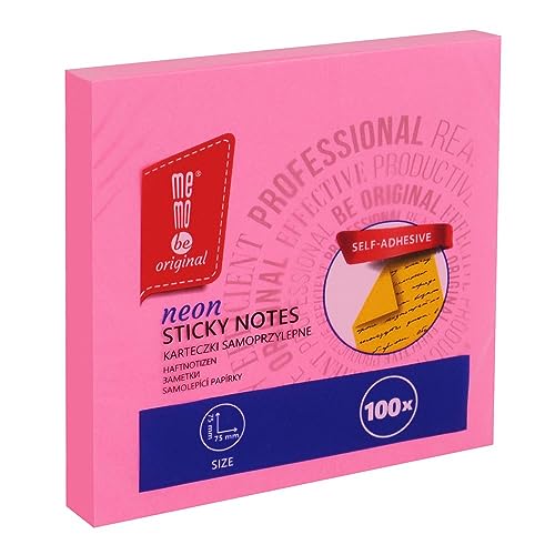 MEMOBE Haftnotizen Klebezettel – Sticky Notes – Haftnotizen Set – Selbstklebende Notizzettel – Postit Haftnotizen – Reusable Sticky Notes – Pastel Sticky Notes – 75x75mm 100 Karten - Neon Pink von memobe