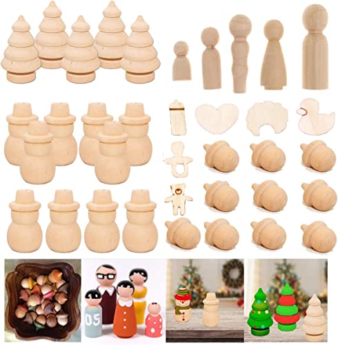 mengger Figurenkegel holz Familie Figuren Holzfiguren Spielfiguren Zum Bemalen Basteln Puppen Spielfigur Mann Frau Junge Mädchen Kinder 80 Stück Schneemann Weihnachtsbaum Holzkegel (B) von mengger