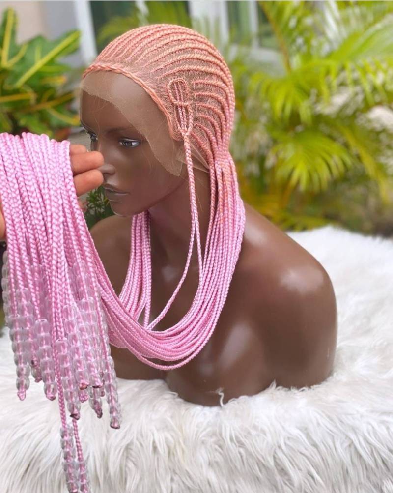 Volle Spitze Blonde Rosa Cornrow Perücke Box Geflochtene Leidenschaft Twists Faux Locs Göttin Senegalese Twist Vorne von merithairs