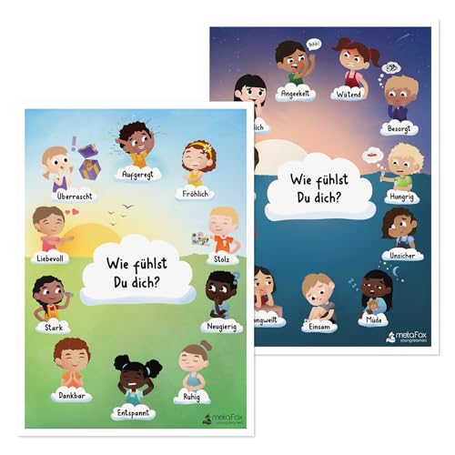 metaFox Emotions-Poster für Kinder | Gefühlsposter für zu Hause, im Klassenzimmer oder in der Therapie | Set mit zwei A3-Postern für sozial-emotionale Lernaktivitäten von metaFox