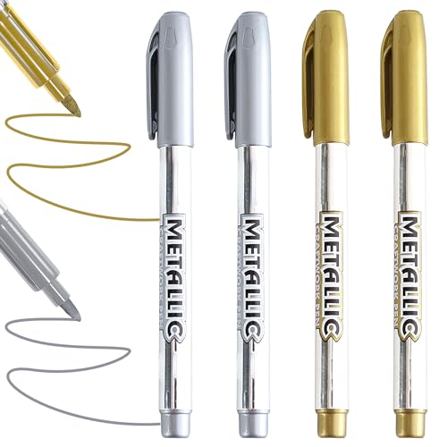 4 Stück Gold Silber Metallic Marker Stifte, 1.5mm Goldstift Silberstift für Kkarten Schreiben, Malerei & DIY Projekte, Wasserfeste und Schnell Trocknende Goldener Stift für Vielseitige Oberflächen von meukcez