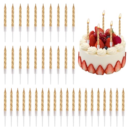50 Stück Spiral-Kuchenkerzen in Champagner Gold, Geburtstagskerzen Metallische Finish, Kurze Dünne Cupcake Kerzen mit Haltern, Ideal für Geburtstag, Hochzeit und Partydekorationen, Geruchsfreiem von meukcez