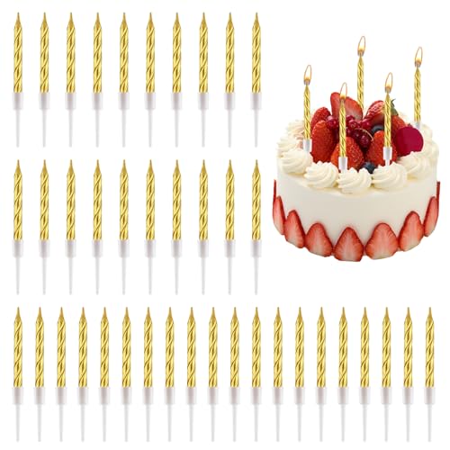 50 Stück Spiral-Kuchenkerzen in Gold, Geburtstagskerzen Metallische Finish, Kurze Dünne Cupcake Kerzen mit Haltern, Ideal für Geburtstag, Hochzeit und Partydekorationen, Geruchsfreiem von meukcez