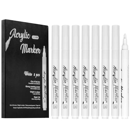 8 Stück Acrylstifte Weiß Stift Marker Acrylmarker White Permanent Markers für Vielfältige Oberflächen, Wasserfest Schnelltrocknend 2mm Fadenbreite für Stein Holz Glas Keramik Leinwand Reifen Textilien von meukcez