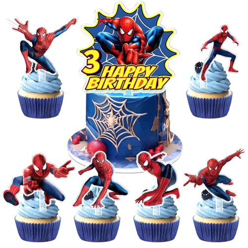 7 Stück Spider Geburtstags Torten Deko, Spider Kuchen Dekoration 3 Jahre, Spider Cupcake Topper, Spider Acryl Cake Dekoration, Geeignet für Kindergeburtstage, Mottopartys, Jubiläen von miakttc