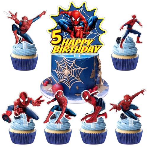 7 Stück Spider Geburtstags Torten Deko, Spider Kuchen Dekoration 5 Jahre, Spider Cupcake Topper, Spider Acryl Cake Dekoration, Geeignet für Kindergeburtstage, Mottopartys, Jubiläen von miakttc