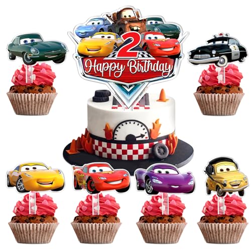 Car Cake Topper 2 Jahre, 7 Stück Car Kuchen Deko Set, Car Geburtstags Kuchen Dekoration, Car Cartoon Cupcake Dekoration, Acrylmaterial, Geeignet für Kinderparty Geburtstag, Babyparty Dekoration von miakttc