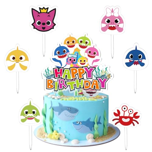 Shark Torten Deko, 7 Stück Shark Cake Topper Set, Shark Geburtstags Kuchen Dekoration, Shark Themed Kuchen Deko, Acrylmaterial, für Junge Mädchen Geburtstage und Babypartys, Hochzeitsfeier von miakttc