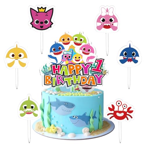 Shark Torten Deko 1 Jahre, 7 Stück Shark Cake Topper Set, Shark Geburtstags Kuchen Dekoration, Shark Kuchen Deko, Acrylmaterial, für Junge Mädchen Geburtstage und Babypartys, Hochzeitsfeier von miakttc