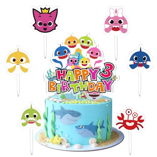 Shark Torten Deko 3 Jahre, 7 Stück Shark Cake Topper Set, Shark Geburtstags Kuchen Dekoration, Shark Kuchen Deko, Acrylmaterial, für Junge Mädchen Geburtstage und Babypartys, Hochzeitsfeier von miakttc