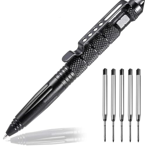 Tactical Pen, Taktischer Kugelschreiber mit 5 Tinten Nachfüllungen, Outdoor Selbstverteidigungs Stift, Wolframstahl Glasbrecher Stift für Schreiben, Emergent Tool und Geschenk - Schwarz von miaomiao