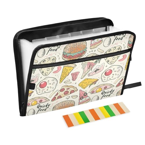 Dokumentenmappe, 13 Taschen, A4, Briefgröße mit Reißverschluss, für Klassenzimmer, Zuhause, Büro, Reisen, niedliches Cartoon-Doodle Pizza Expando von miaozhen