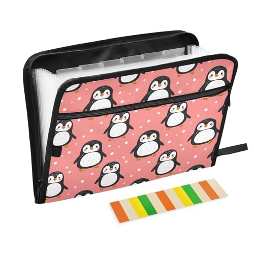 Ordner mit Verschluss, 13 Taschen, A4, Briefgröße mit Reißverschluss, für Schule, Zuhause, Büro, Klassenzimmer, Tier-Pinguin, einfache Linie, Cartoon-Stil von miaozhen