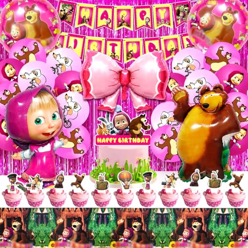 51 Pcs Mascha Geburtstag Deko, Mascha Deko, Mascha Party Set, Mascha Luftballon, Mascha Ballon Geburtstag, Mascha Tischdecke, Mascha Cake Topper, Mascha Geburtstagsdeko, Luftballon Mädchen Mascha von miazcww