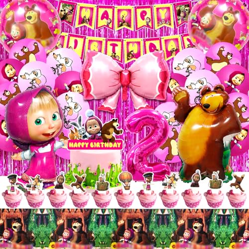 52 Pcs Mascha Geburtstag Deko 2, Mascha Deko, Mascha Luftballon 2, Mascha Party Set, Mascha Ballon Geburtstag, Mascha Geburtstagsdeko, Mascha Tischdecke, Mascha Cake Topper, Luftballon Mädchen Mascha von miazcww