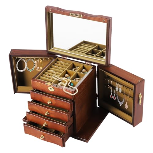 Schmuckkästchen Schmuckaufbewahrung mit 4 Schubladen, 5 Ebenen Vintage Schmuckkasten Jewelry Organizer mit Spiegel und Schlösser, Schmuckschatulle für Haarnadeln Ohrringe Ringe von miihgnos