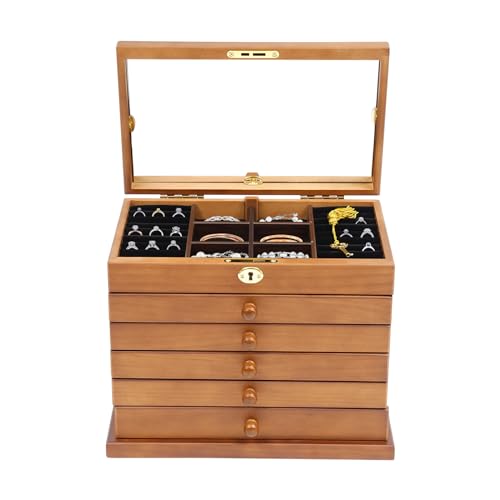 Schmuckkästchen Schmuckaufbewahrung mit 6 Schubladen, 6 Ebenen Vintage Abnehmbare Schmuckkasten Jewelry Organizer mit Spiegel und Schlösser, Schmuckschatulle für Halsketten Ringe von miihgnos